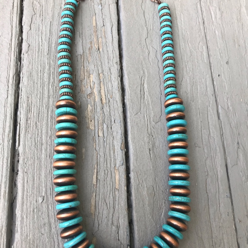 NWOT Unique Copper & Faux Turquoise Necklace & Earrings Set - Picture 2 of 4